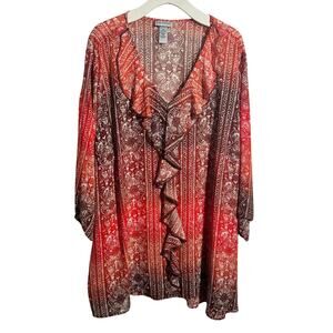 Catherines Sheer Tunic Top Blouse Women 4X Orange Brown Ruffle Front Bohemian